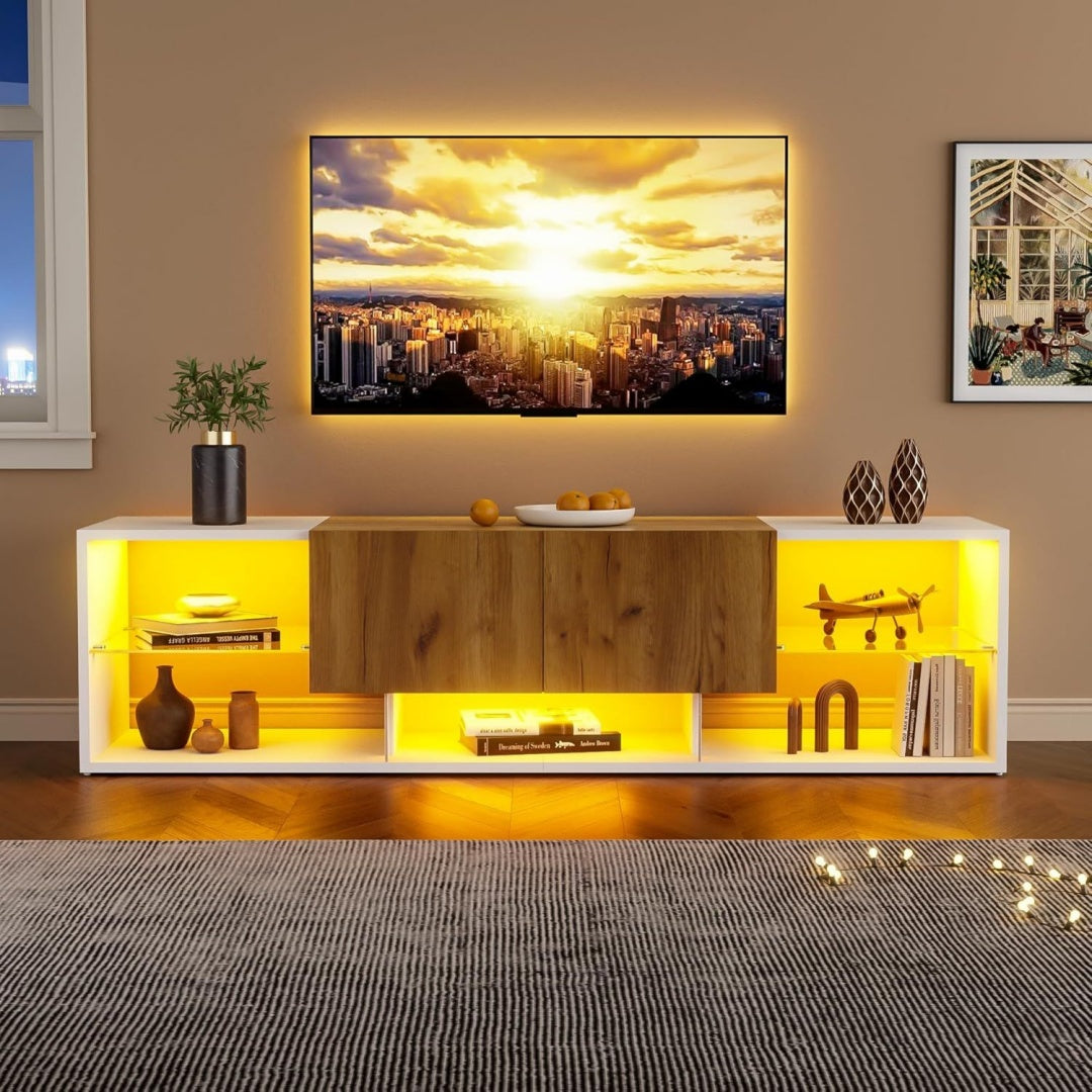 Meuble tele marron 3 etageres reglables, verre et design moderne