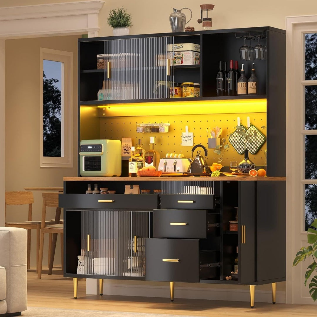 Astucieux buffet haut marron en verre avec eclairage LED