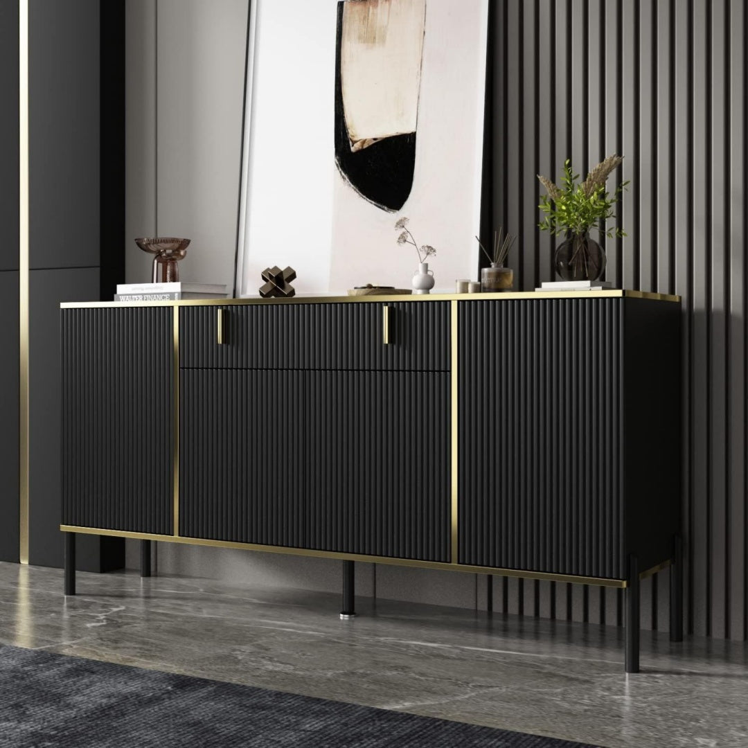 Buffet gris fonce 4 portes, 1 tiroir et 2 etageres pour cuisine
