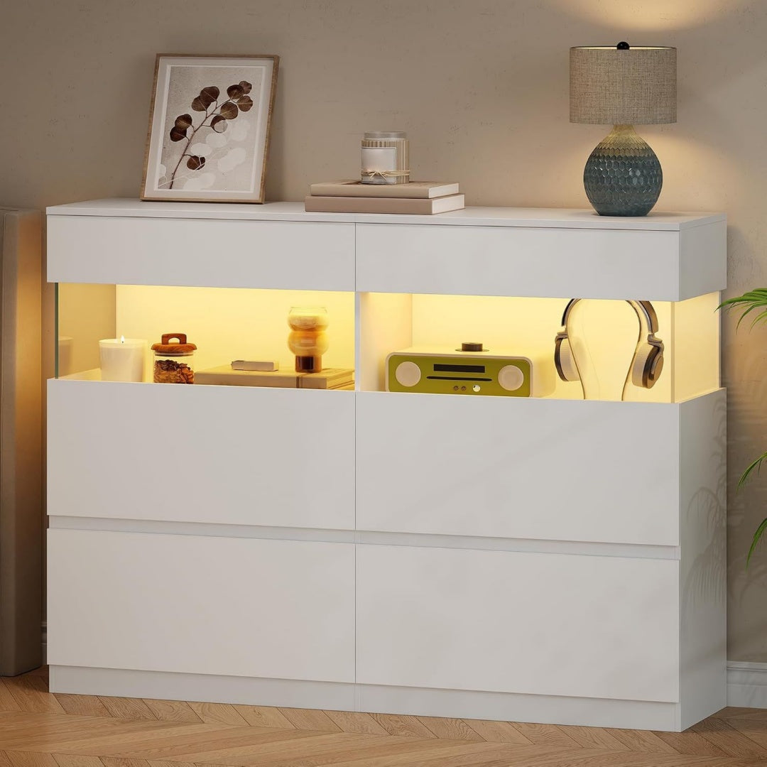 Commode haute beige 2 etageres reglables, bois ingenierie et design moderne