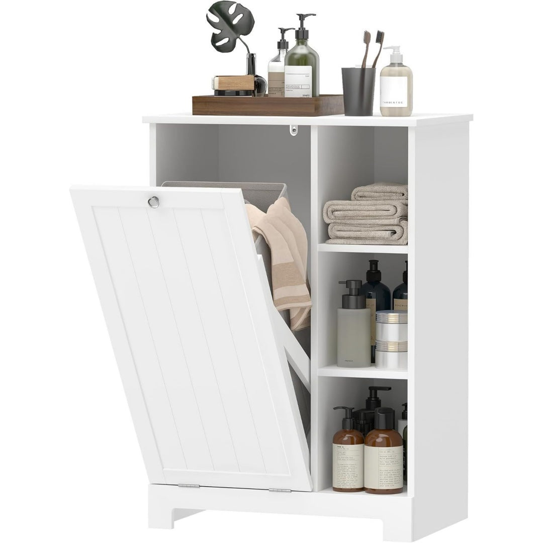 Meuble sur pied gris clair, contemporain, pour salle de bain, rangement malin